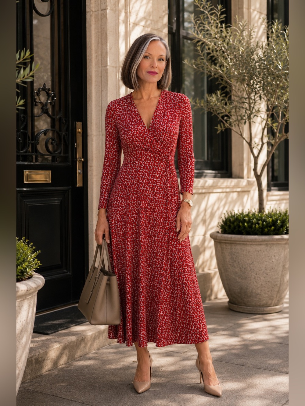 Ralph Lauren Red Wrap Dress with White Chainlink Print